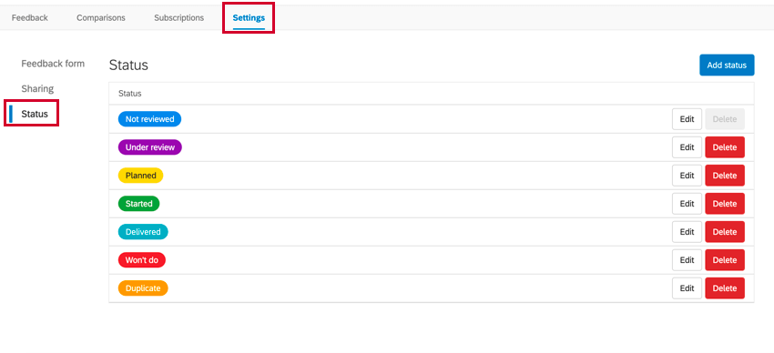 the status tab of settings