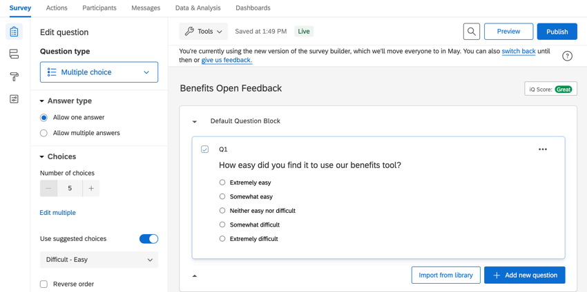 il generatore di sondaggi con le domande per raccogliere il feedback dei dipendenti