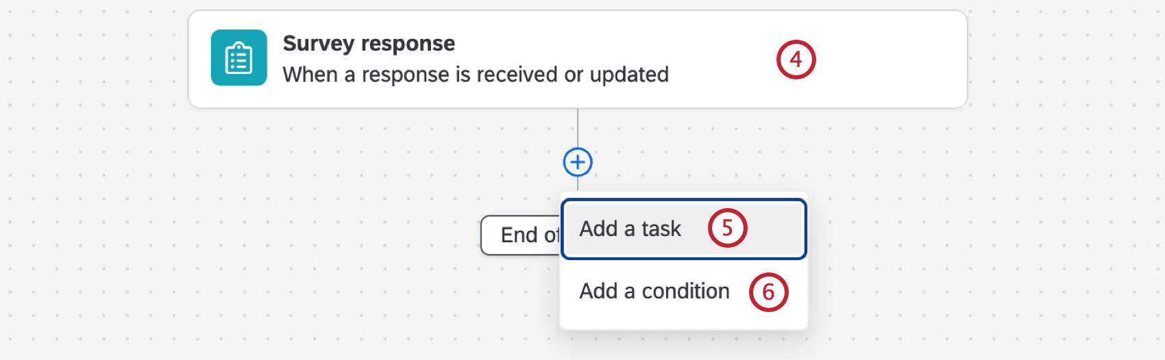 choosing the survey event, adding conditions, and choosing the task