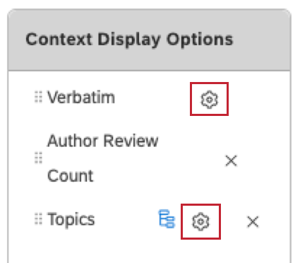context display options box, shows gear next to word verbatim and next to word topics