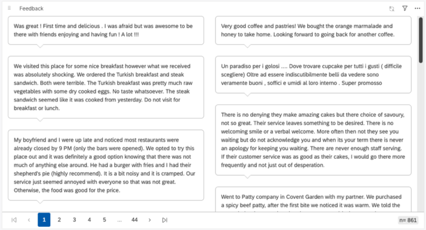 Speech bubbles showing entire paragraphs of reviews