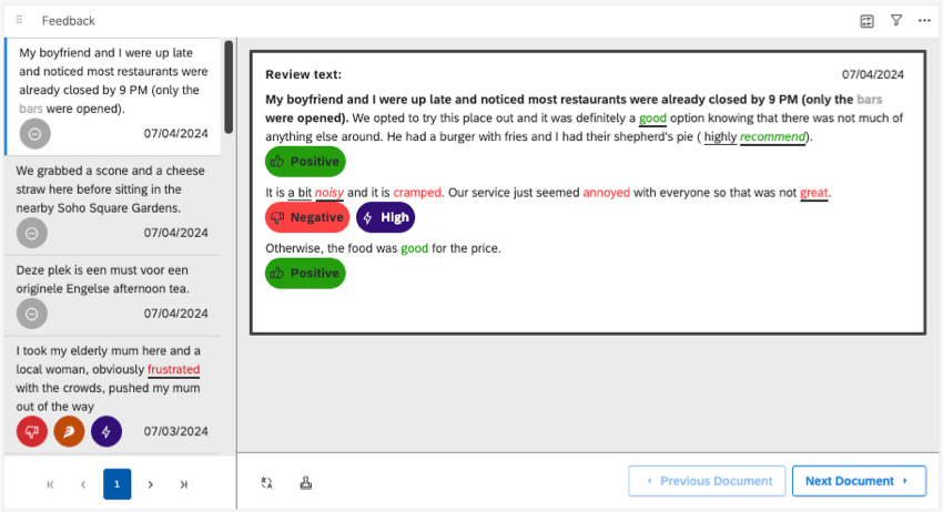 Menü, in dem sich links eine Liste von Antworten befindet, und rechts die vollständige Antwort, auf die geklickt wurde, mit Stimmung und Aufwandshervorhebung