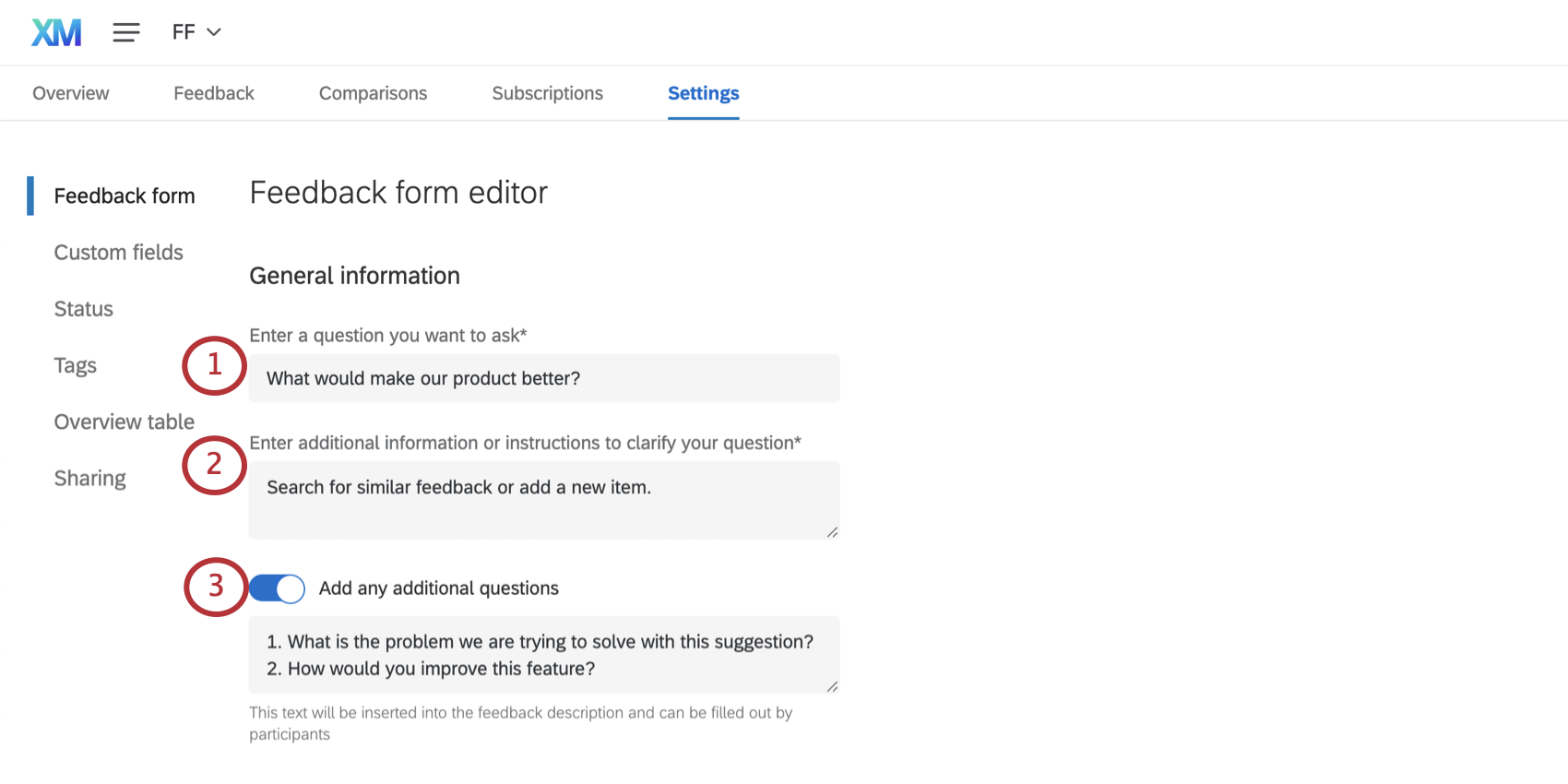 Sección de información general del editor de formularios de opinión