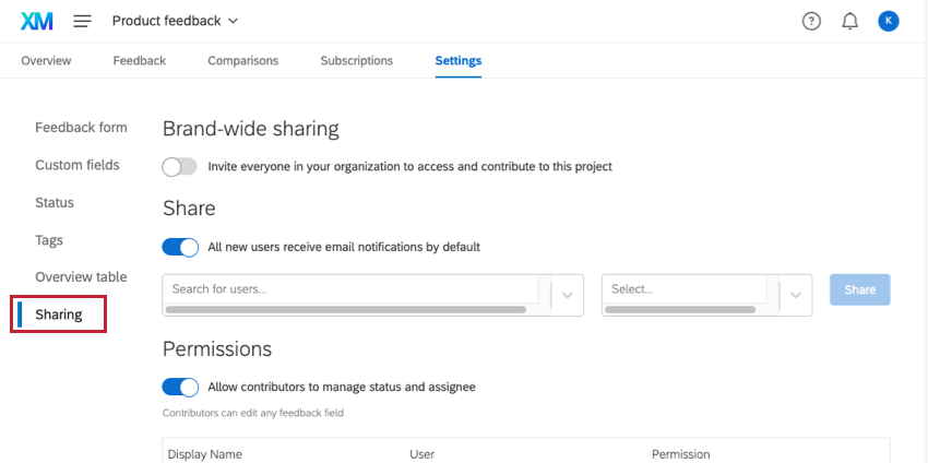 La sección para compartir de la configuración de opinión de primera línea