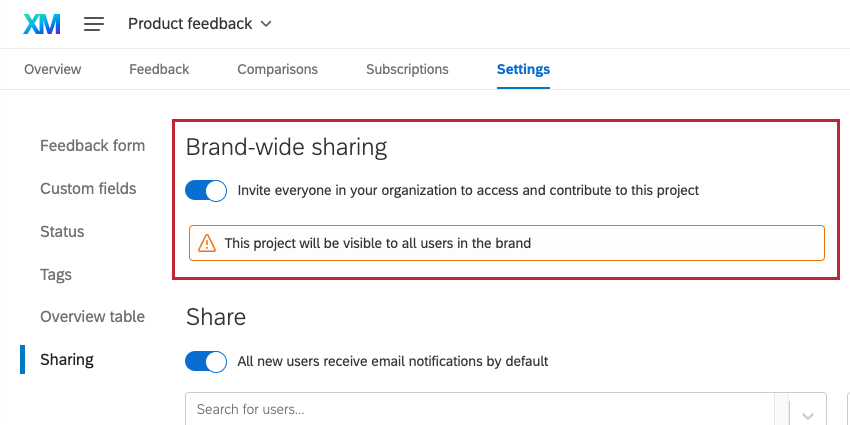 Brand-wide sharing header over a toggle setting