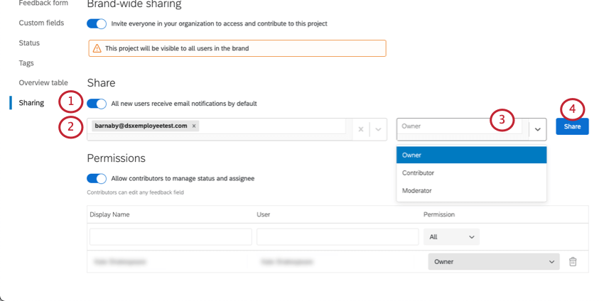 Image of Share section; one toggle, then a series of dropdowns for adding users to the project
