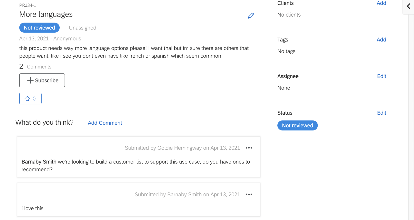 Uma solicitação de feedback da linha de frente com comentários na parte inferior