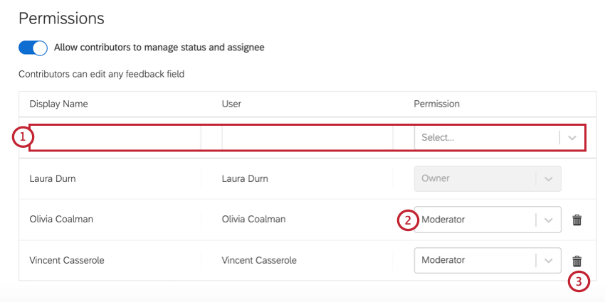 dans le tableau des autorisations, vous pouvez effectuer des recherches, modifier les autorisations et supprimer laccès