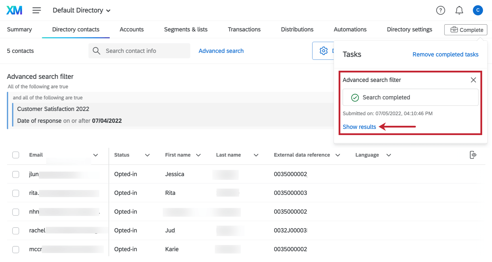 viewing results of an advanced search