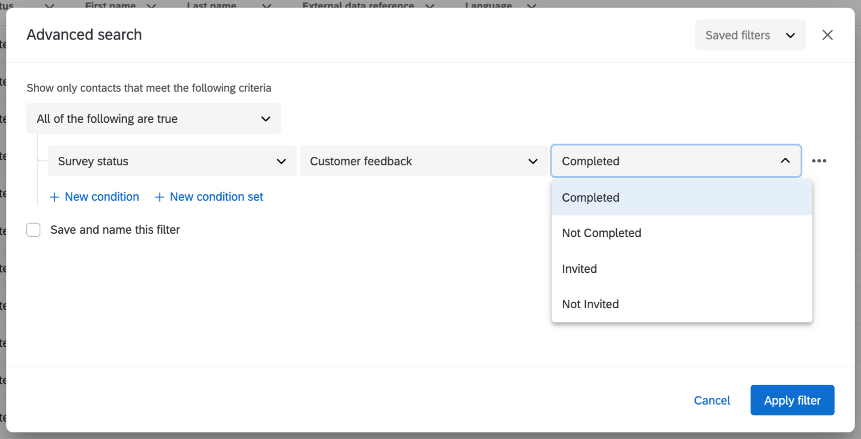 setting up an advanced filter based on survey status
