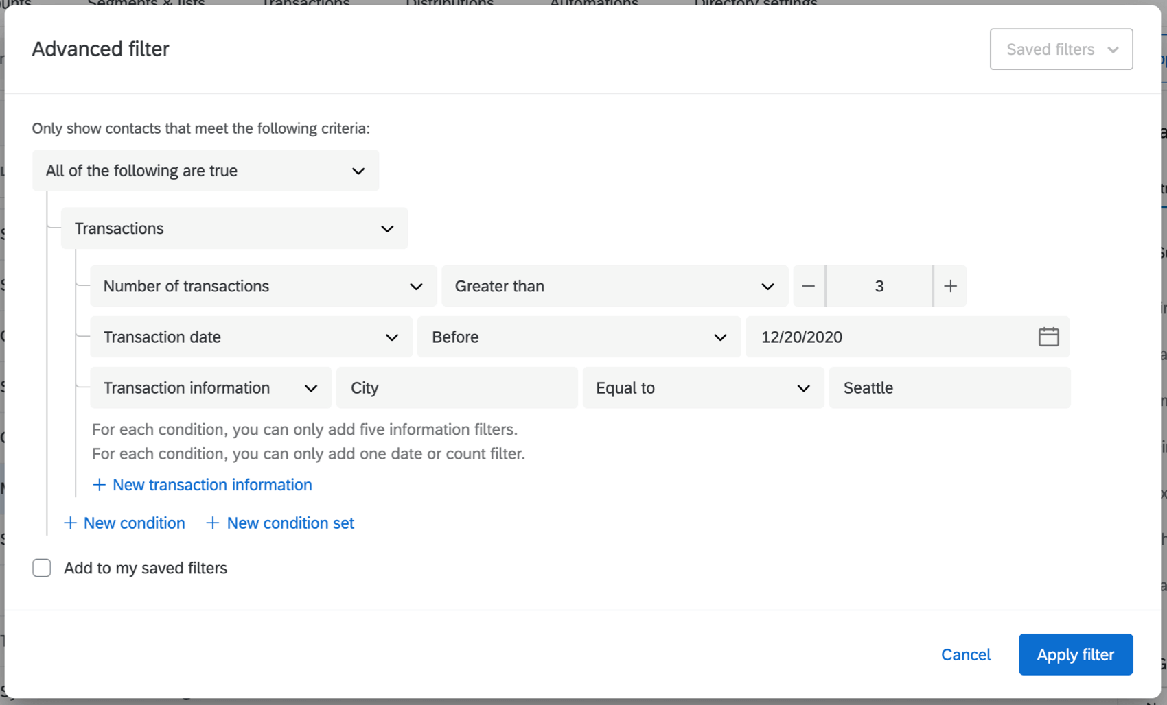 setting up an advanced filter based on transactions