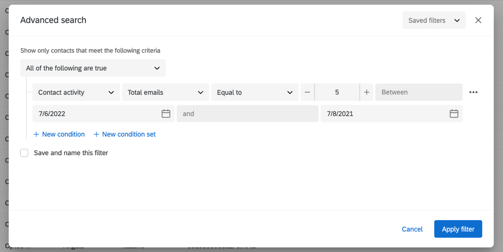 setting up an advanced filter based on contact activity