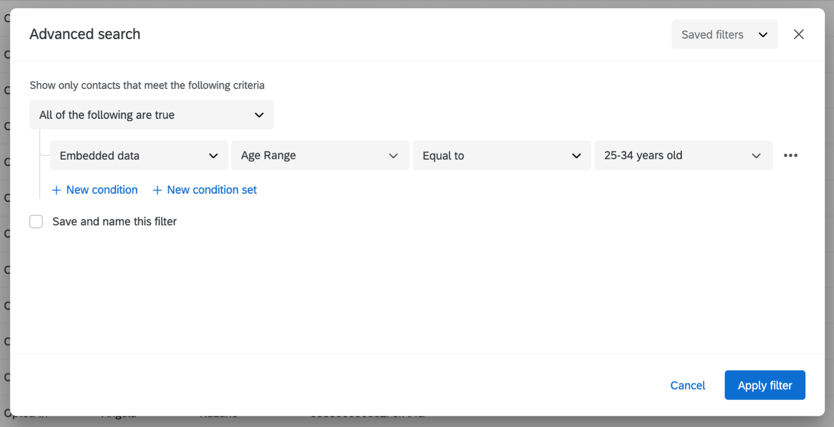 Configuración de un filtro avanzado basado en datos embebidos