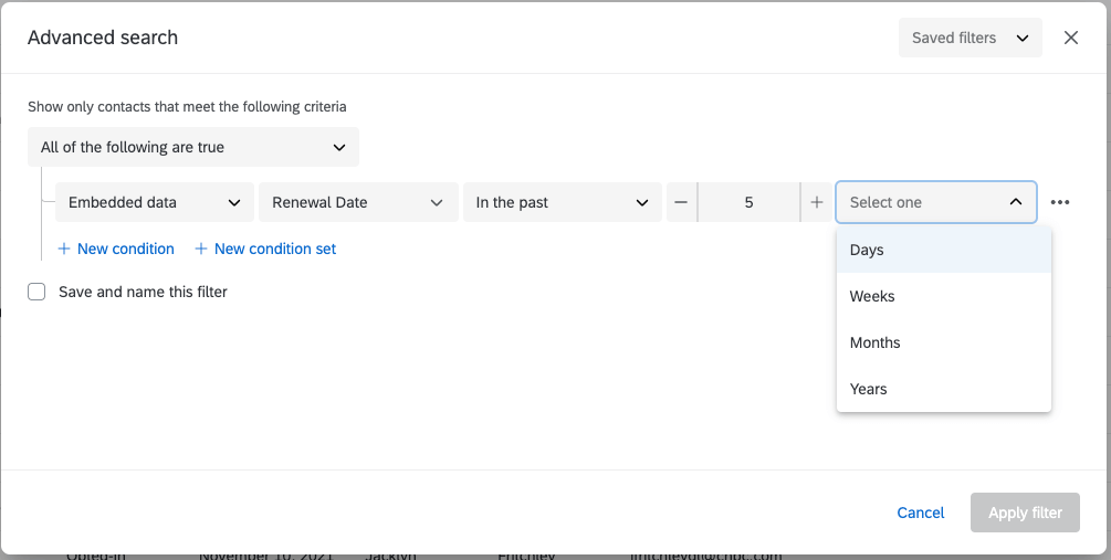 recherche de contacts avec "Date de renouvellement dans les 5 derniers jours"