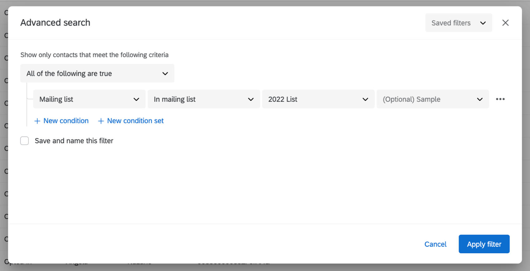 Einrichten eines erweiterten Filters auf der Grundlage von Mailingliste