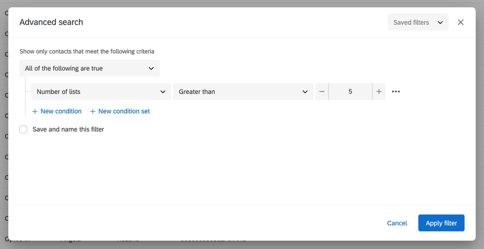 setting up an advanced filter based on number of lists