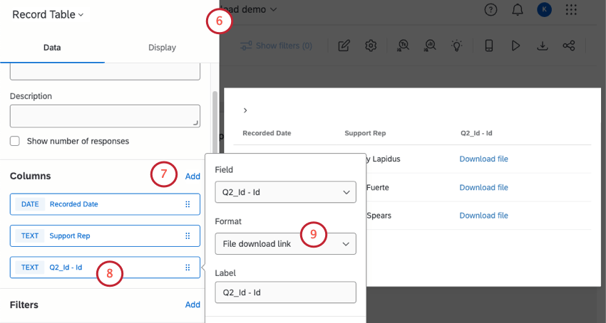 Tabla de registros con el panel de edición abierto y la configuración de columnas mostrada