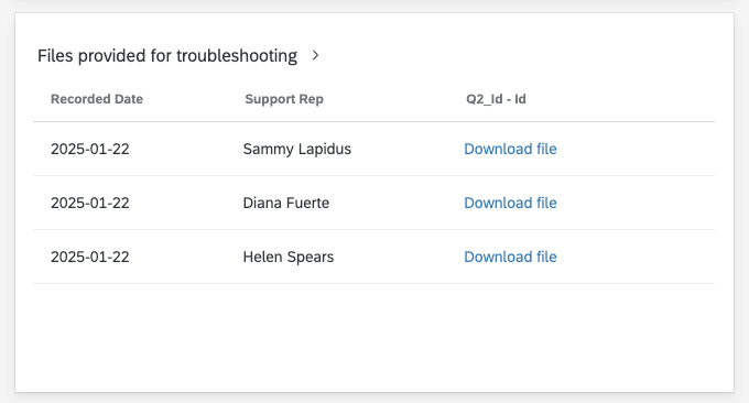 a table named 'files provided for troubleshooting.' each row shows a support representative, then a clickable text that says download file