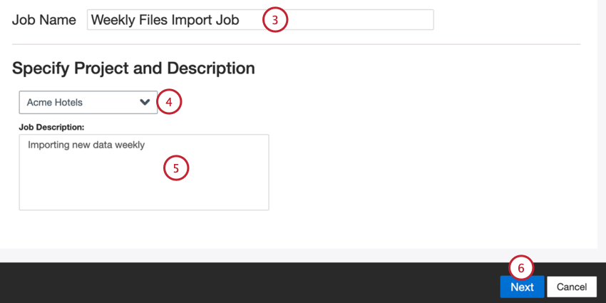 Benennung des Jobs, Auswahl eines Projekts und Hinzufügen einer Beschreibung
