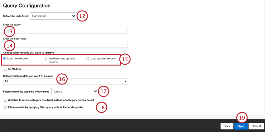 Elegir los datos a exportar y configurar la consulta