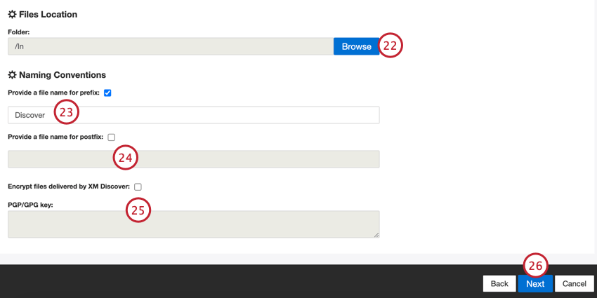 scegliere la posizione sftp per esportare il file e aggiungere i parametri di denominazione