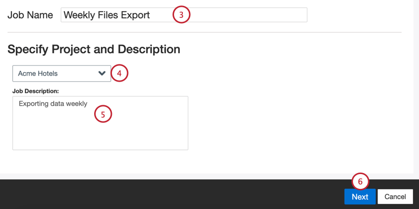 naming the job, choosing a project, and adding a description