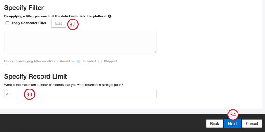 adding a connector filter and specifying a record limit