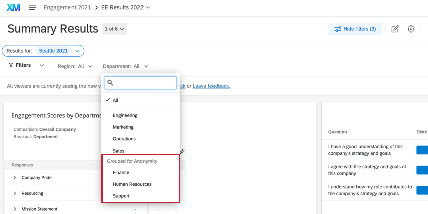 filtering a dashboard by department