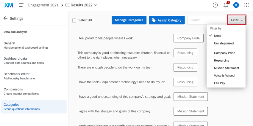the filter at the top of the categories page