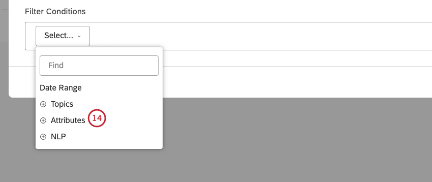 Select Attributes pour sélectionner un attribut structuré pouvant faire lobjet dun rapport afin de filtrer les données en fonction de ses valeurs