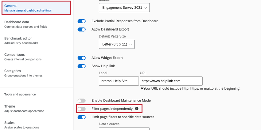 La opción de filtro páginas de forma independiente en la configuración del Tablero