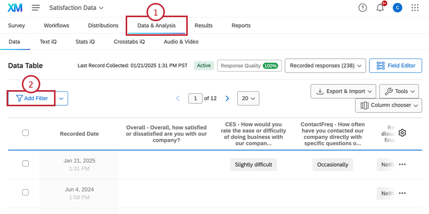 in the data and analysis tab, adding a filter