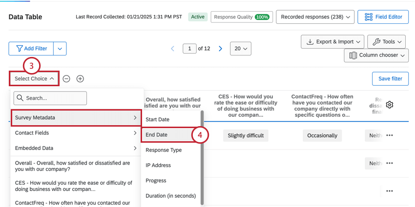 selecting survey metadata and then end date