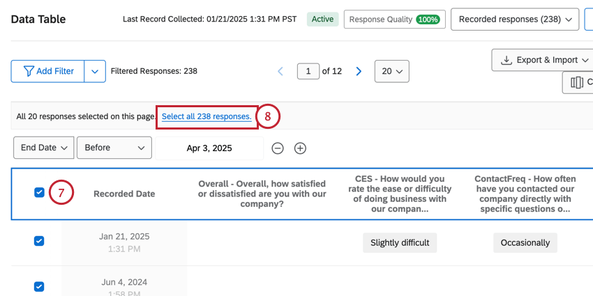 selecting all responses that fit the filter