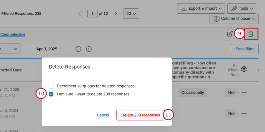 deleting the selected responses