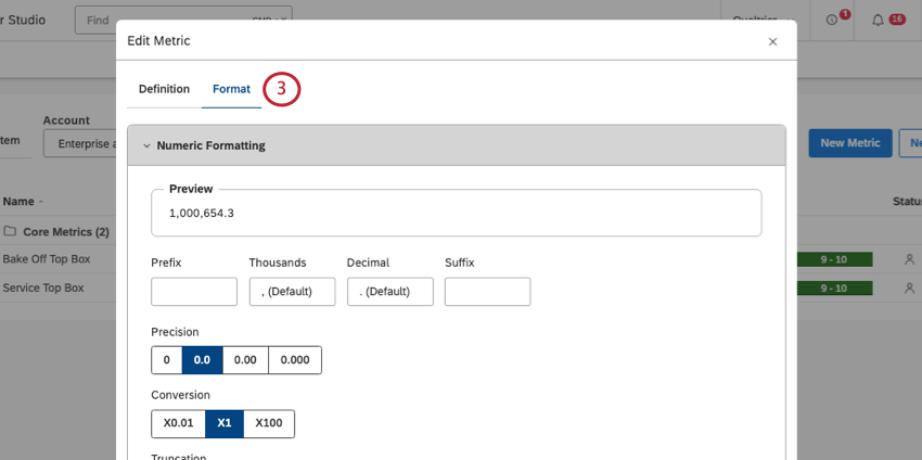 Registerkarte "Format" einer gefilterten Metrik