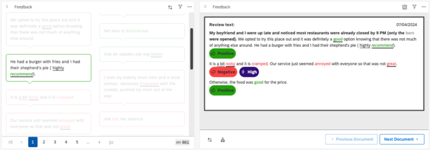 Chat bubble style widget on left, bubble clicked, filtering document style widget on right