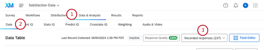 showing the tabs to navigate to before you can filter responses