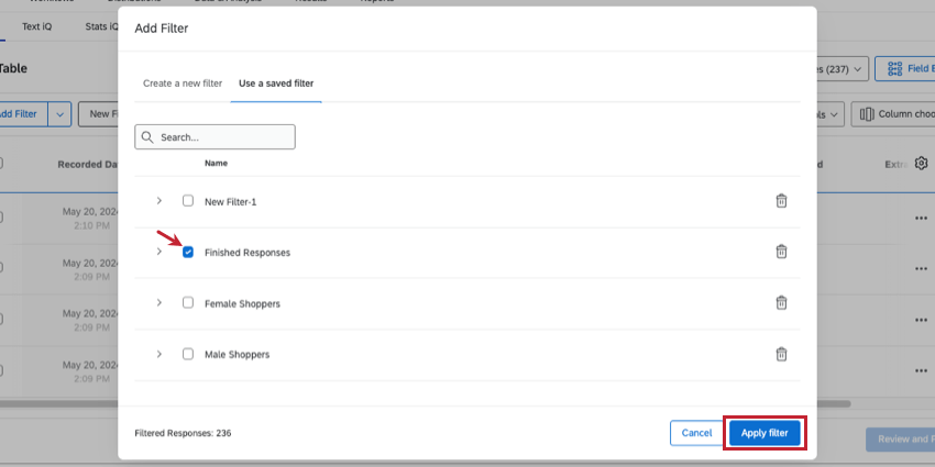nuova finestra in cui è possibile selezionare i filtri che si desidera applicare