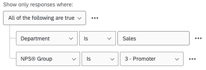 the conditions sau show only response where all of the following are true: department is sales and NPS group is promoter