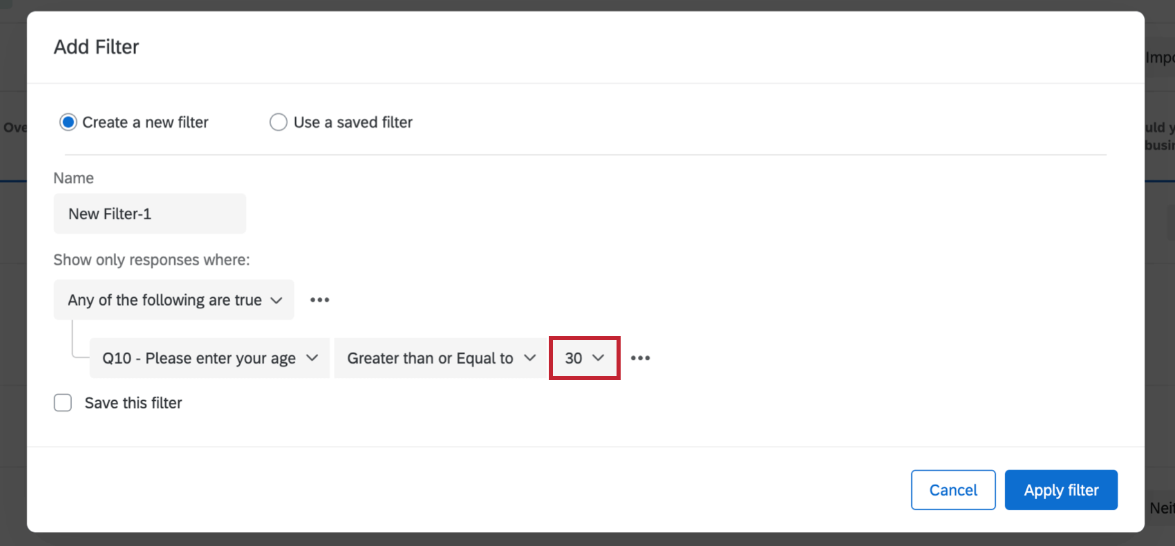 Filter zum Überprüfen, ob ein Alter höher oder gleich 30 ist