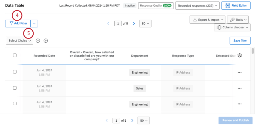 add filter button and new dropdown that says select choice