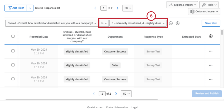 Filtrar por nivel de satisfacción y ver el cambio en las respuestas a continuación