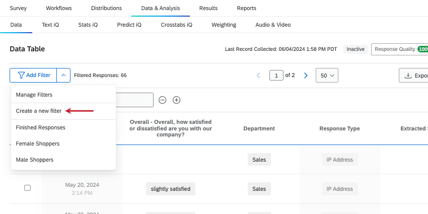 clicking the arrow then highlighting the create a new filter option