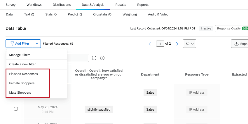 Lista de filtros guardados previamente en el menú desplegable Filtros guardados
