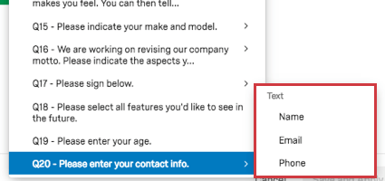 Form fields to select for a filter from a Text Entry question
