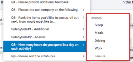 Antwortmöglichkeiten zur Auswahl für einen Filter aus einer Matrixtabellen-Frage