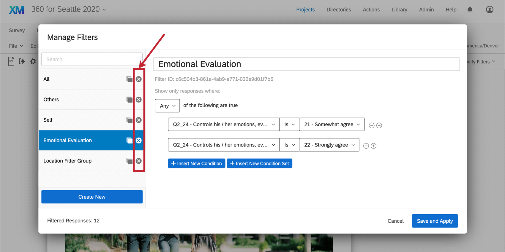 Eliminar icono en la ventana Administrar filtros