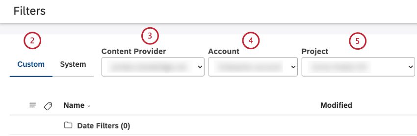 Selecione a guia Personalizado. Selecione o provedor de conteúdo, conta e o projeto.