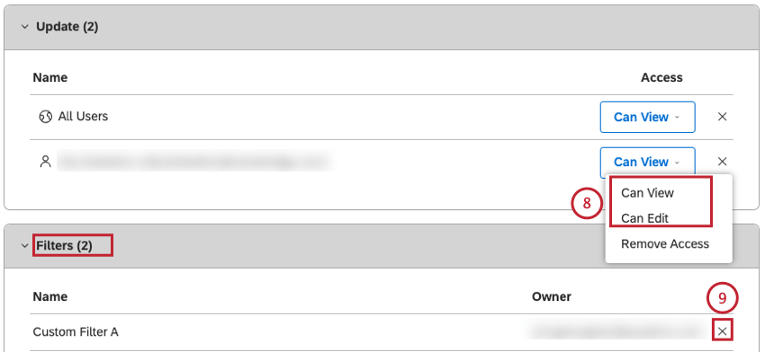 When you share multiple filters, all the filters selected for sharing are listed in the Filters section of the Share Filters window. You can remove a filter by clicking the x button next to the filter owner’s name.